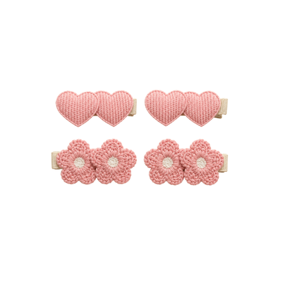 Conjunto de 4 Ganchos de Cabelo Rosa com Corações e Flores