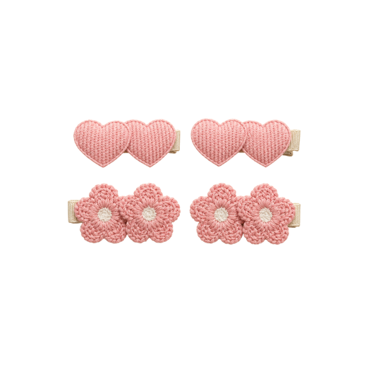 Conjunto de 4 Ganchos de Cabelo Rosa com Corações e Flores