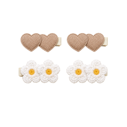 Conjunto de 4 Ganchos de Cabelo com Corações e Flores