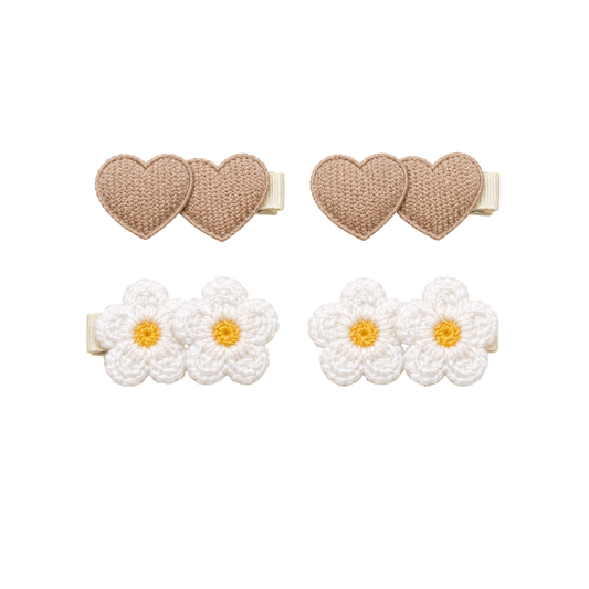 Conjunto de 4 Ganchos de Cabelo com Corações e Flores