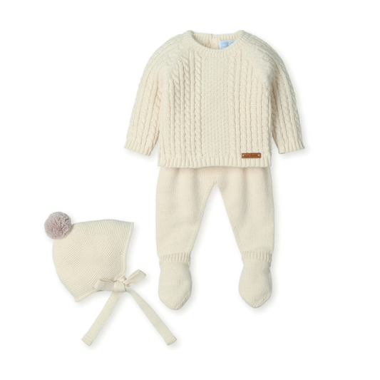 Conjunto de Tricot para Bebé Creme com Gorro e Pompom - Mac Ilusión