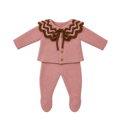 Conjunto de Malha para Bebé Rosa e Castanho com Gola de Folhos- Sigar