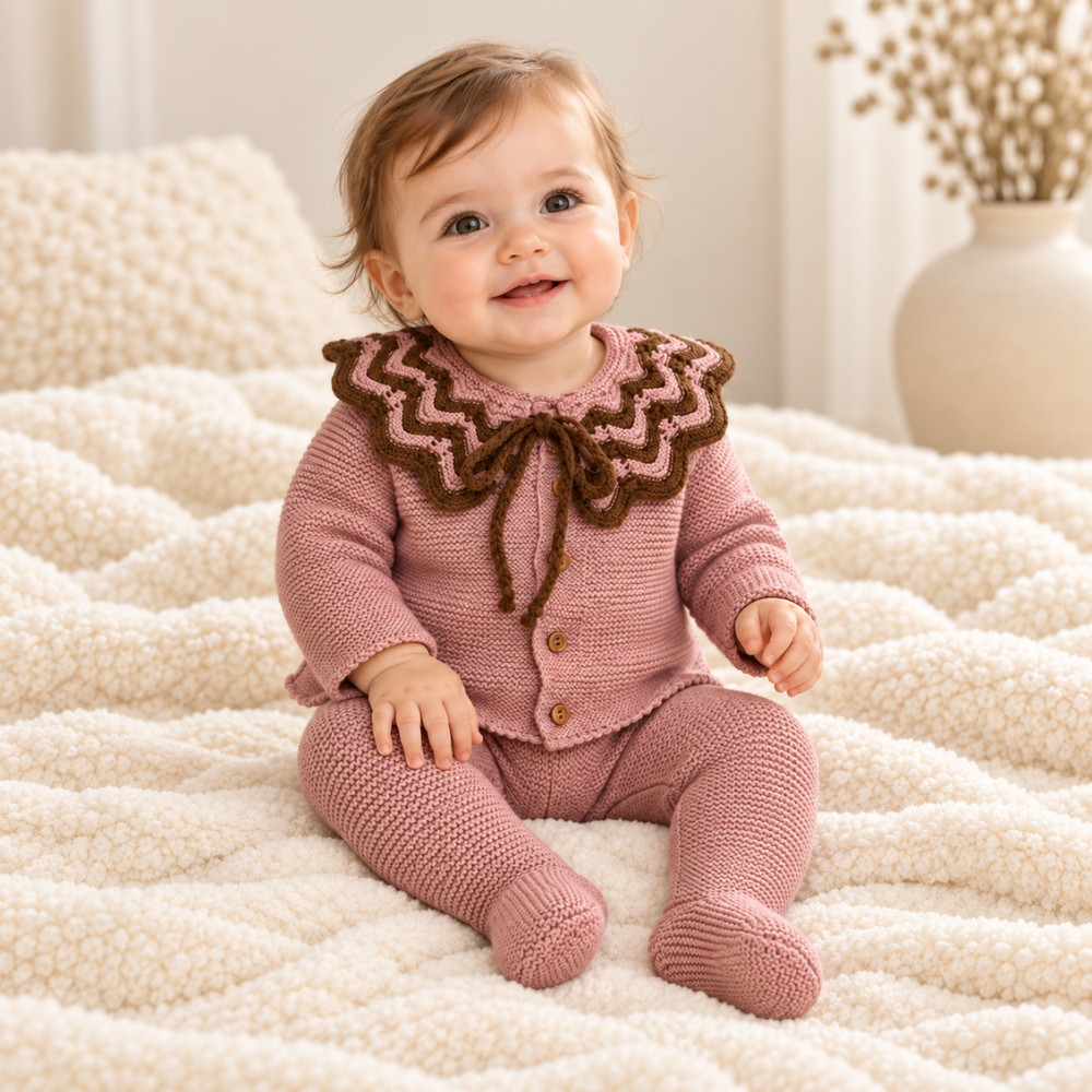 Conjunto de Malha para Bebé Rosa e Castanho com Gola de Folhos- Sigar