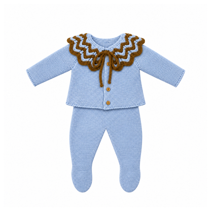 Conjunto de Malha para Bebé Azul e Castanho com Gola de Folhos - Sigar