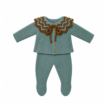 Conjunto de Malha para Bebé Verde e Castanho com Gola de Folhos - Sigar