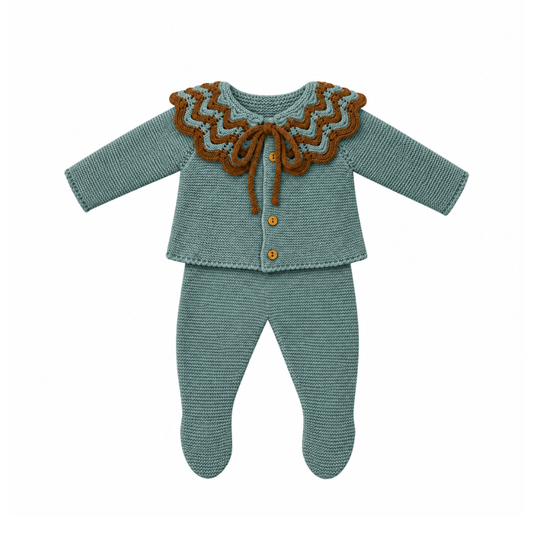 Conjunto de Malha para Bebé Verde e Castanho com Gola de Folhos - Sigar