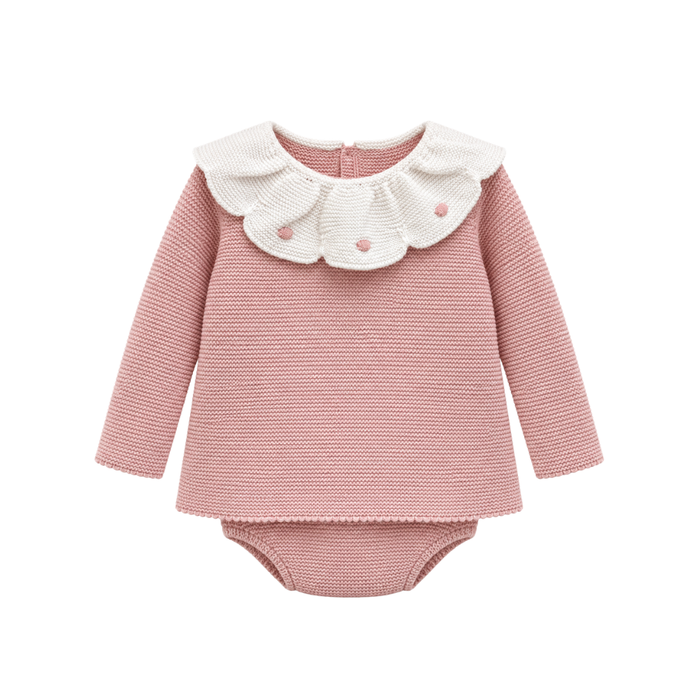 Conjunto de Bebé em Malha Rosa com Gola Bordada