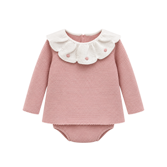 Conjunto de Bebé em Malha Rosa com Gola Bordada