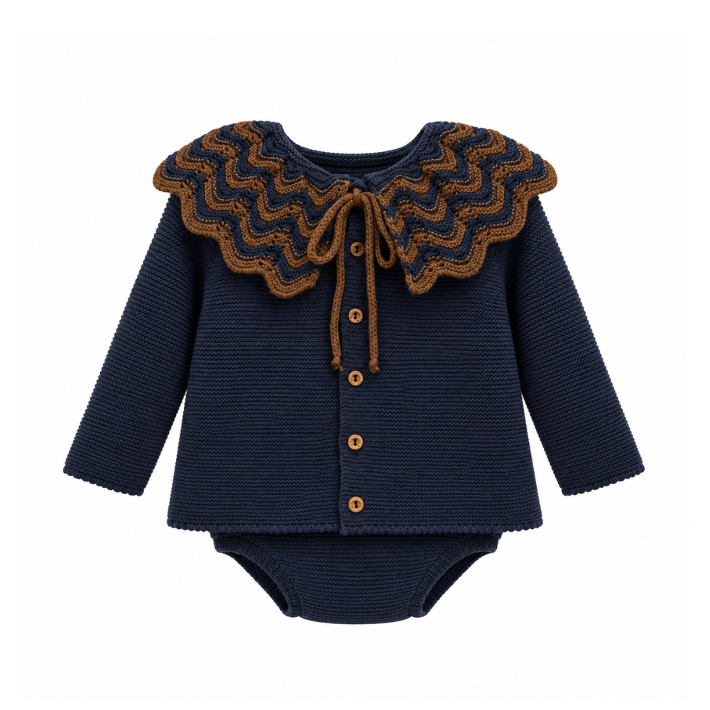 Conjunto de Bebé em Malha Azul-Marinho com Gola Trabalhada