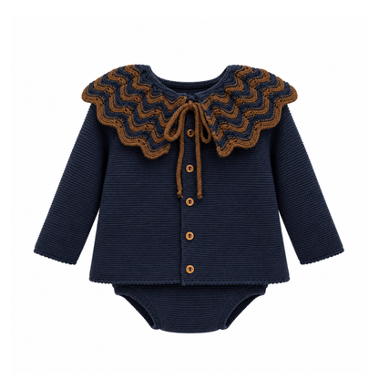 Conjunto de Bebé em Malha Azul-Marinho com Gola Trabalhada