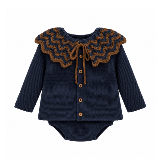 Conjunto de Bebé em Malha Azul-Marinho com Gola Trabalhada