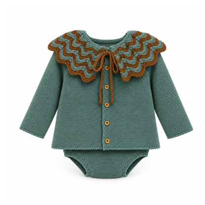 Conjunto de Bebé em Malha Verde com Gola Rendilhada