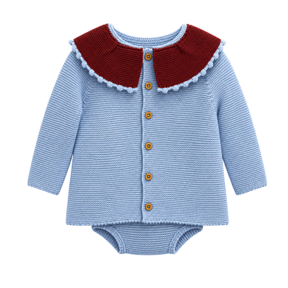 Conjunto de Bebé em Malha Azul-Claro com Gola Bordô