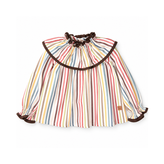 Camisa para Menina às Riscas Multicolor com Gola de Folhos- José Varón