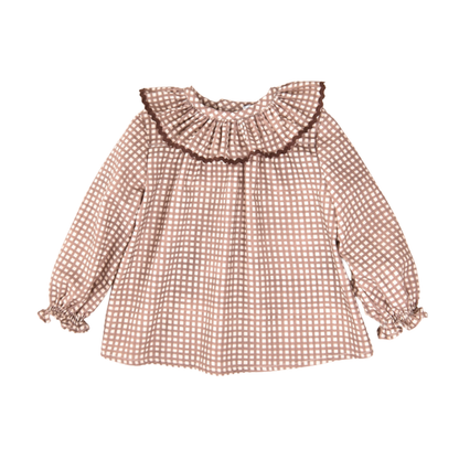 Camisa para Menina aos Quadrados Castanhos com Gola de Folhos - Cocote