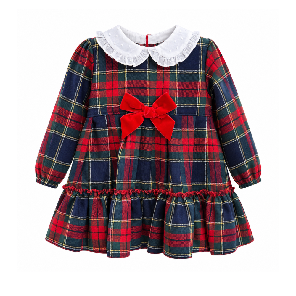 Vestido Menina Xadrez com Gola Branca e Laço Vermelho - Juliana