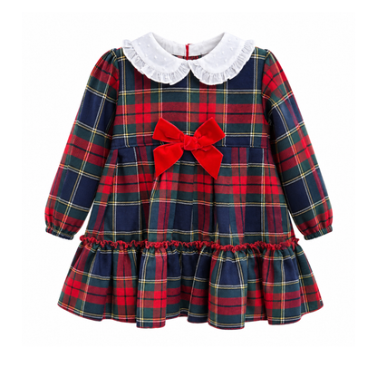 Vestido Menina Xadrez com Gola Branca e Laço Vermelho - Juliana