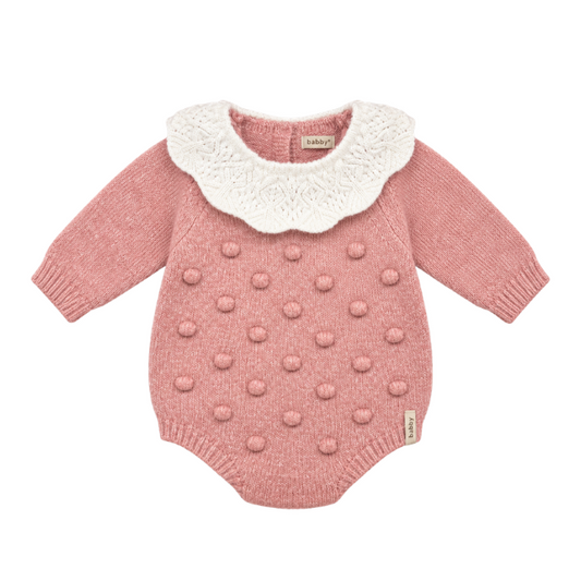 Fofo de Malha para Bebé Rosa com Gola Branca e Pompons - Babby