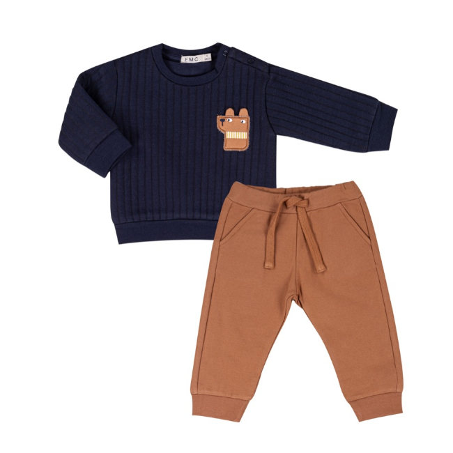 Conjunto para Bebé com Camisola Azul-Marinho e Calças Camel - EMC