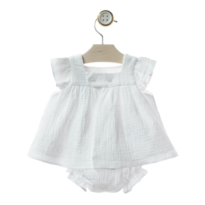 Conjunto Vestido Branco com Laço Vichy Rosa e Tapa-fraldas - Yoedu