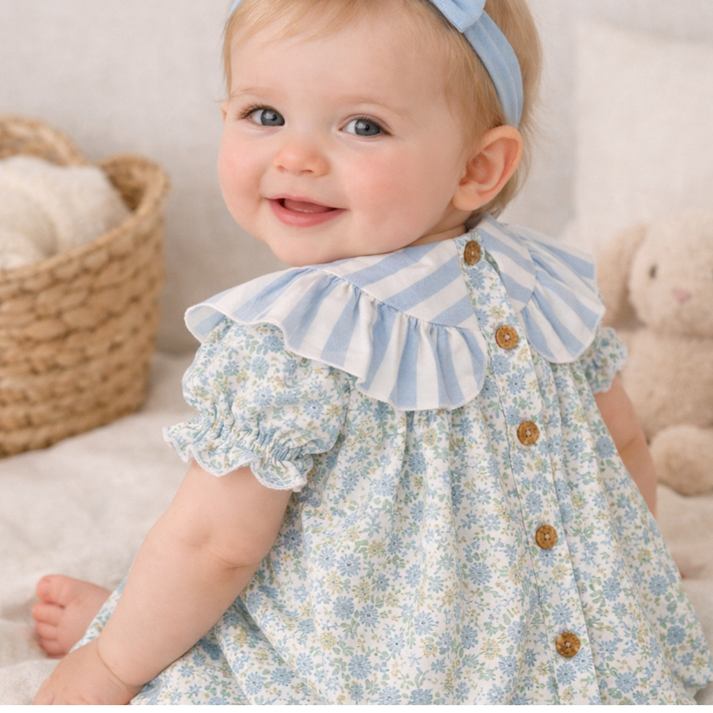 Vestido floral com gola às riscas azul - José Varón