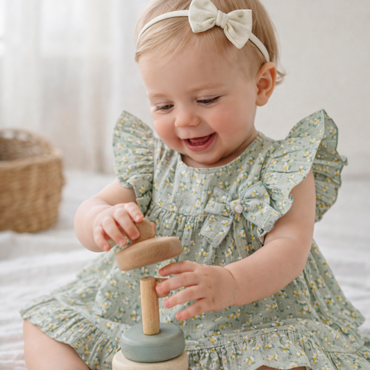 Vestido floral de bebé verde seco com laço - EMC