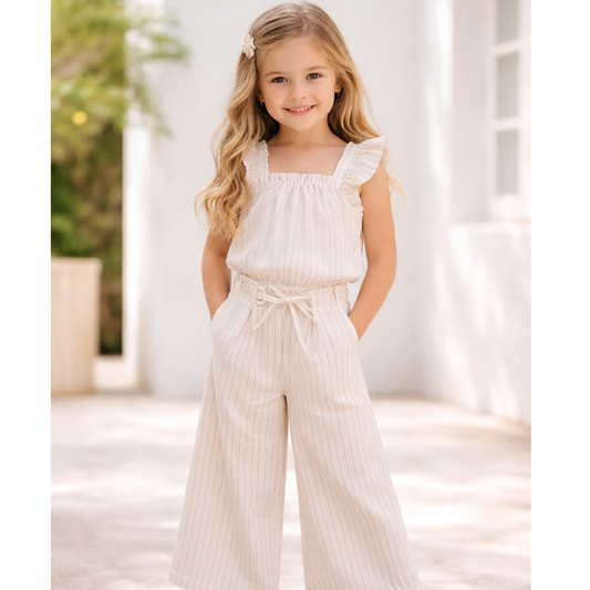 Top de linho branco às riscas bege- EMC