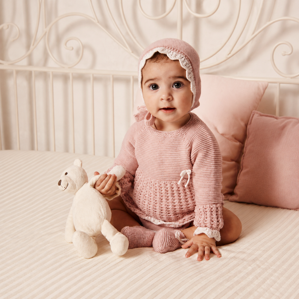 Conjunto de Malha Rosa para Bebé com Touca – Juliana