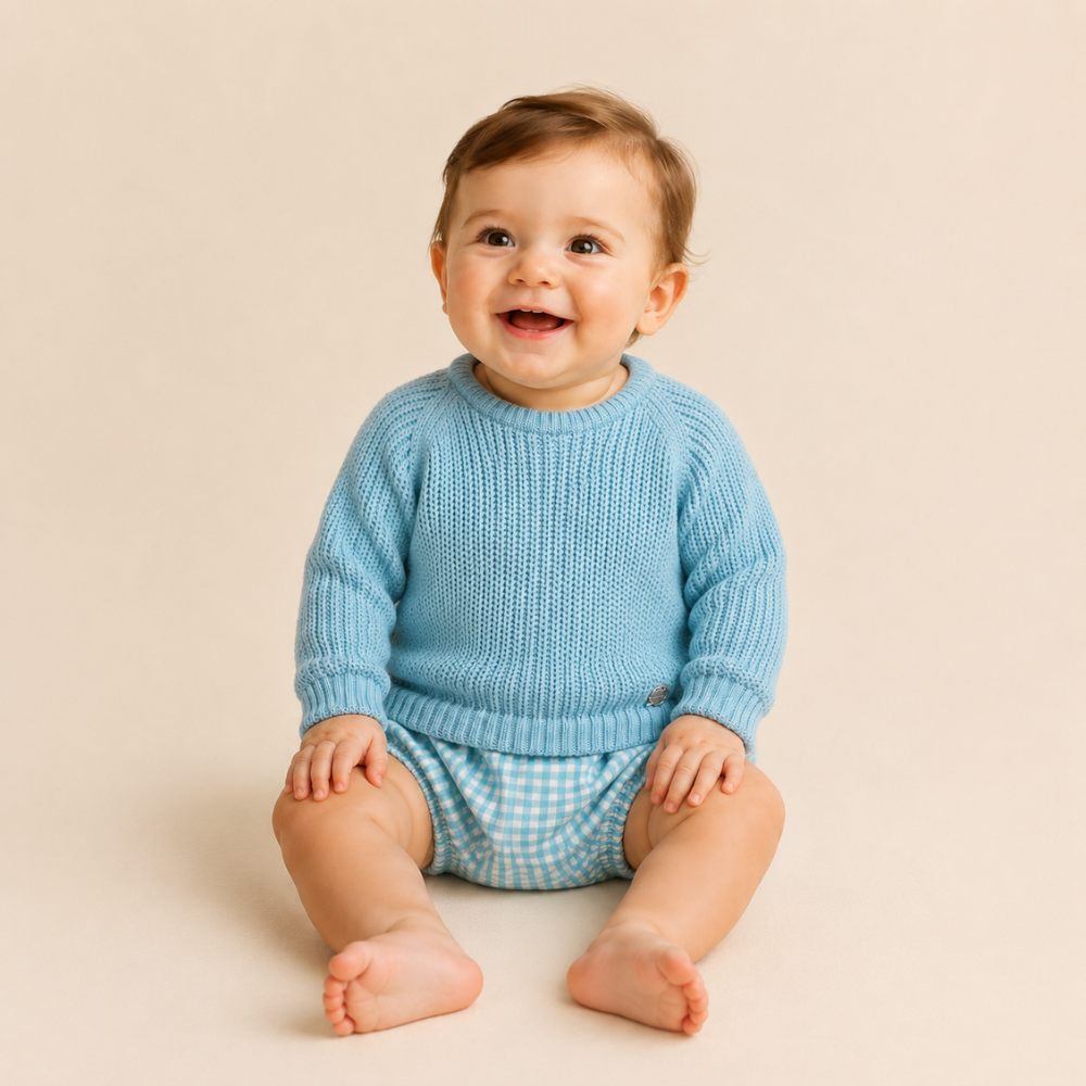 Conjunto de Bebé em Malha e Xadrez Azul - Juliana
