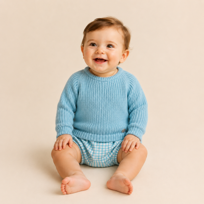 Conjunto de Bebé em Malha e Xadrez Azul - Juliana