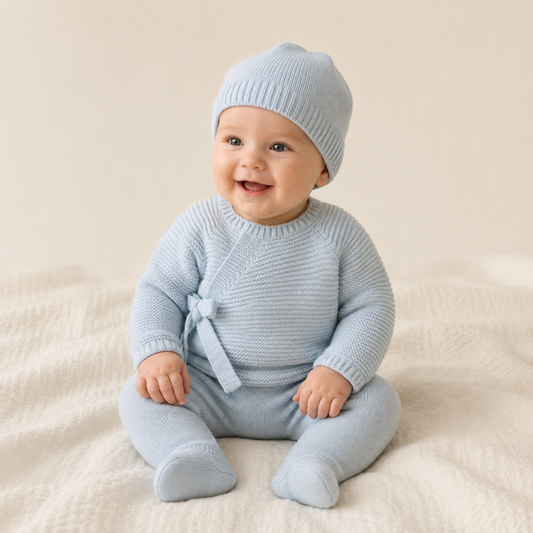 Conjunto Bebé em Malha Azul com Laço e Gorro- Mac Ilusión