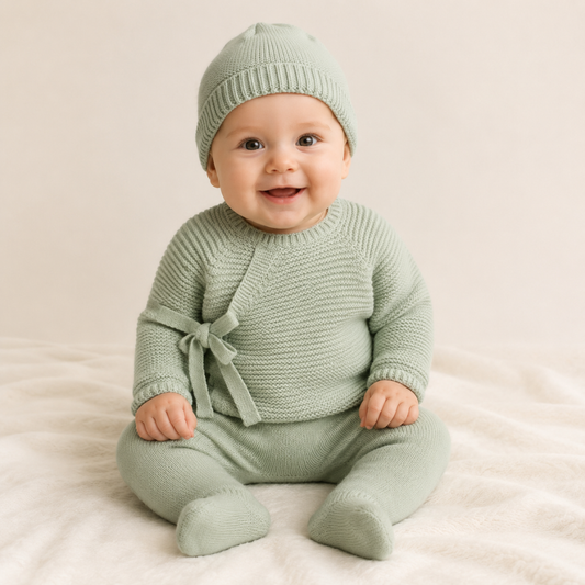 Conjunto Bebé em Malha Verde com Laço e Gorro- Mac Illusión