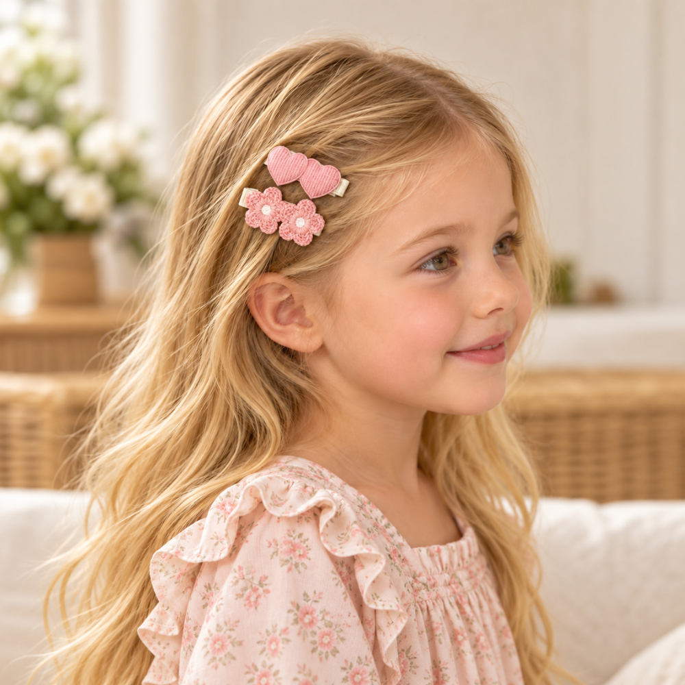 Conjunto de 4 Ganchos de Cabelo Rosa com Corações e Flores