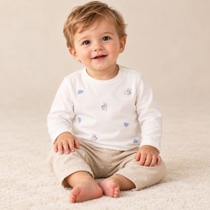Camisola de Bebé Branca com Bordados Azuis -EMC