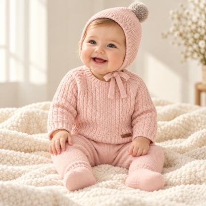Conjunto de Tricot Rosa para Bebé com Gorro e Pompom- Mac Ilusión