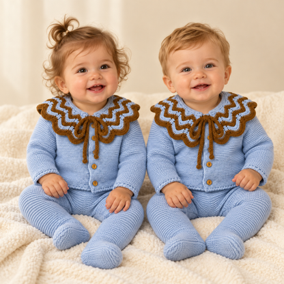 Conjunto de Malha para Bebé Azul e Castanho com Gola de Folhos - Sigar