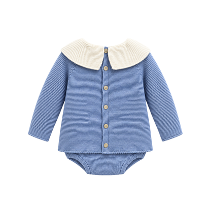 Conjunto de Bebé em Malha Azul com Gola Bordada