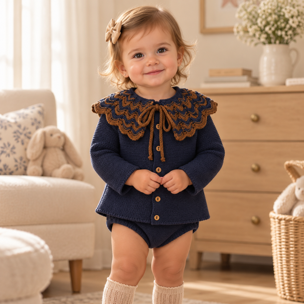 Conjunto de Bebé em Malha Azul-Marinho com Gola Trabalhada