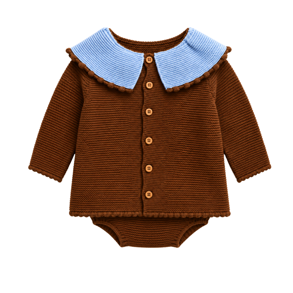 Conjunto de Bebé em Malha Castanha com Gola Azul