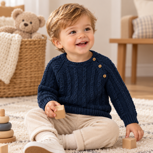 Camisola azul marinho em malha com botões para menino- - Yoedu