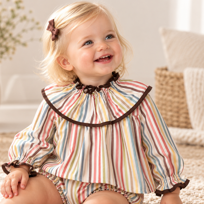 Camisa para Menina às Riscas Multicolor com Gola de Folhos- José Varón