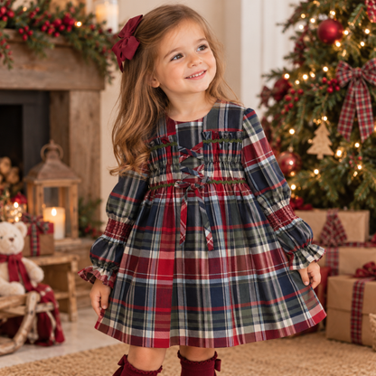 Vestido Menina Xadrez com Laço e Folhos - Yoedu