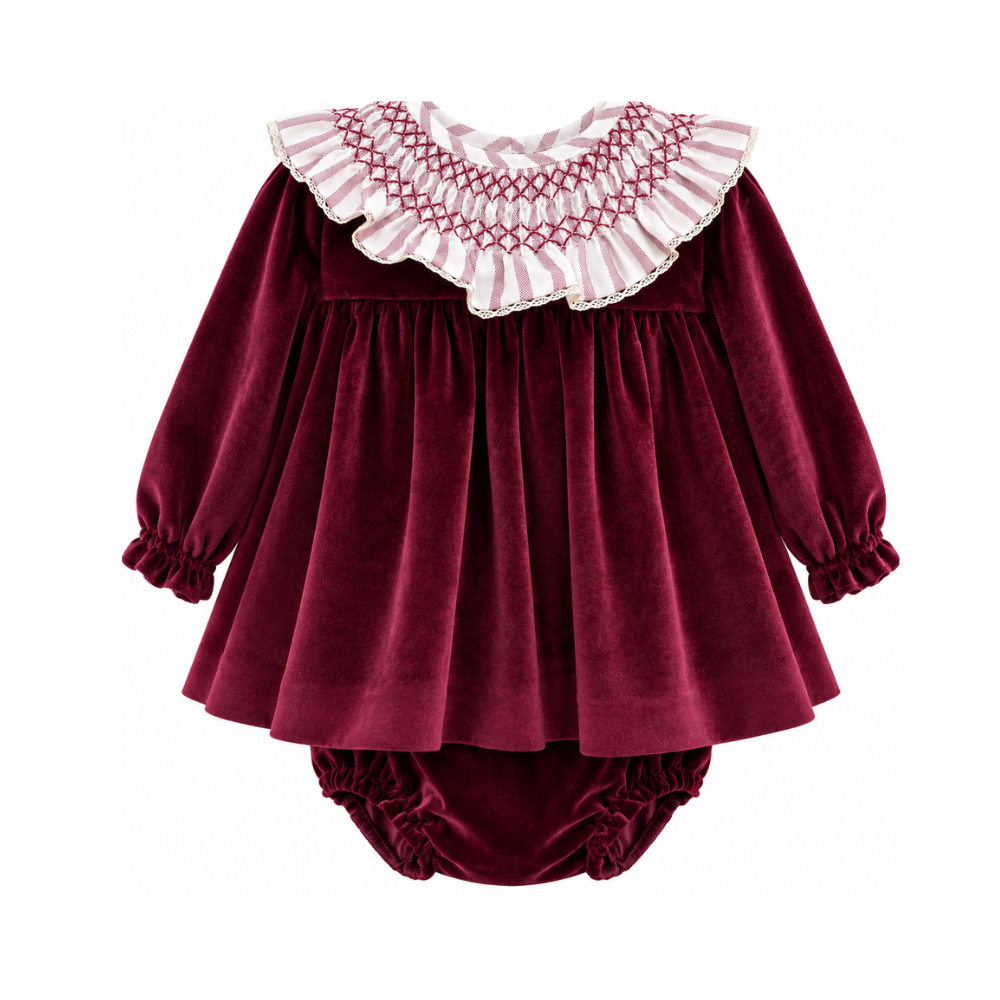 Conjunto Bebé Vestido Veludo Bordô e Tapa-Fraldas - Marta Y Paula