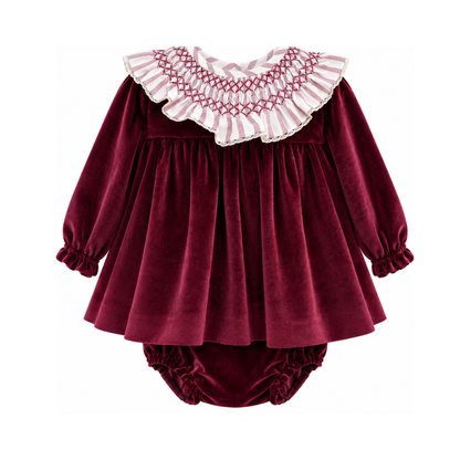 Conjunto Bebé Vestido Veludo Bordô e Tapa-Fraldas - Marta Y Paula