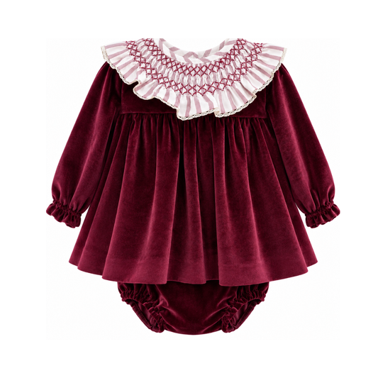 Conjunto Bebé Vestido Veludo Bordô e Tapa-Fraldas - Marta Y Paula