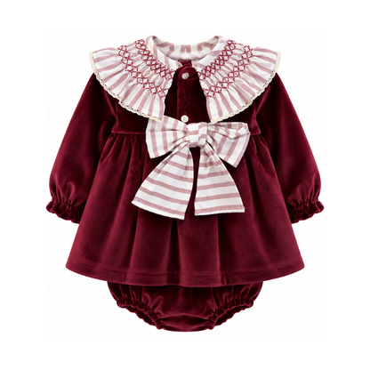 Conjunto Bebé Vestido Veludo Bordô e Tapa-Fraldas - Marta Y Paula