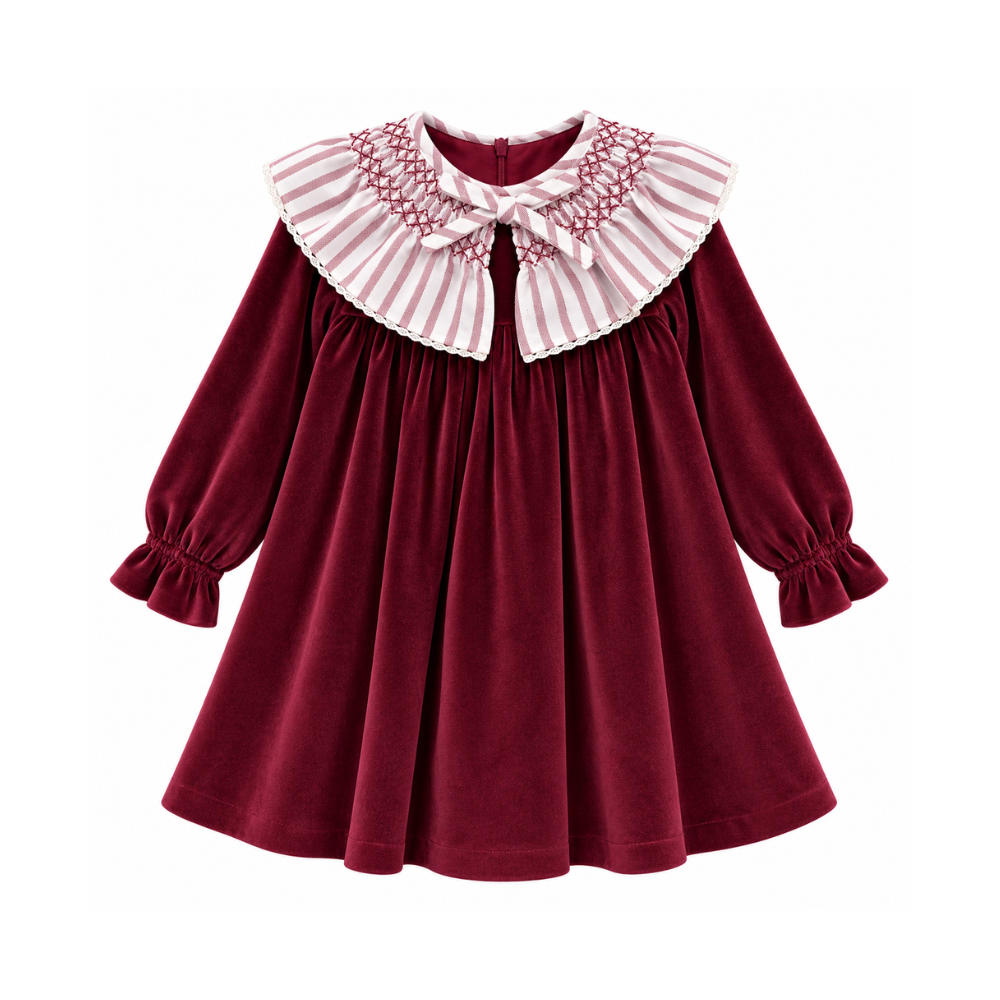 Vestido Menina em Veludo Bordô com Gola Bordada e Laço - Marta Y Paula