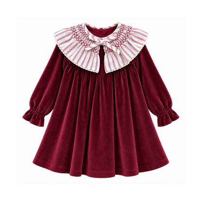 Vestido Menina em Veludo Bordô com Gola Bordada e Laço - Marta Y Paula