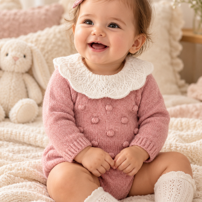 Fofo de Malha para Bebé Rosa com Gola Branca e Pompons - Babby
