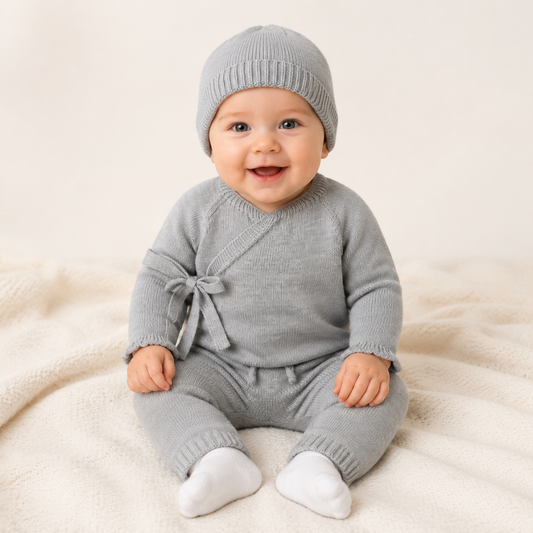 Conjunto Bebé em Malha Cinzenta com Laço e Gorro- Mac Ilusión